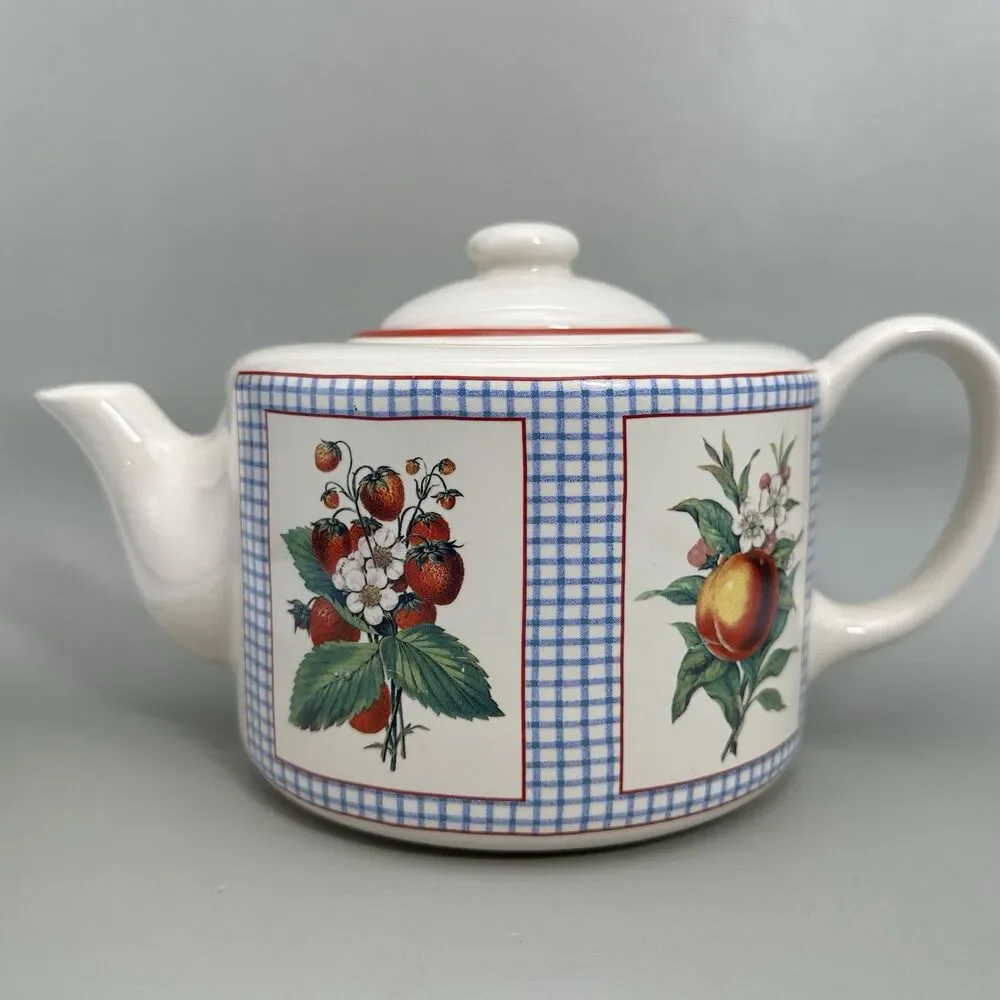 VTG Hawthorne Manor Hallmark Inspired Fruit Gingham Teapot Cottagecore 1990s